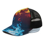 Red And Blue Fire Print Black Mesh Trucker Cap