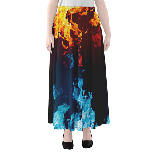 Red And Blue Fire Print Chiffon Maxi Skirt