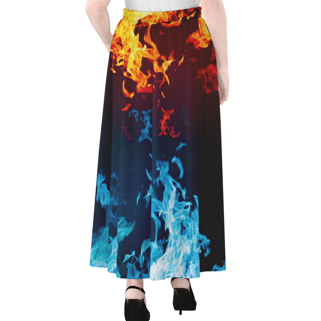 Red And Blue Fire Print Chiffon Maxi Skirt