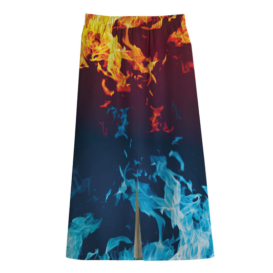 Red And Blue Fire Print Cotton Front Slit Maxi Skirt