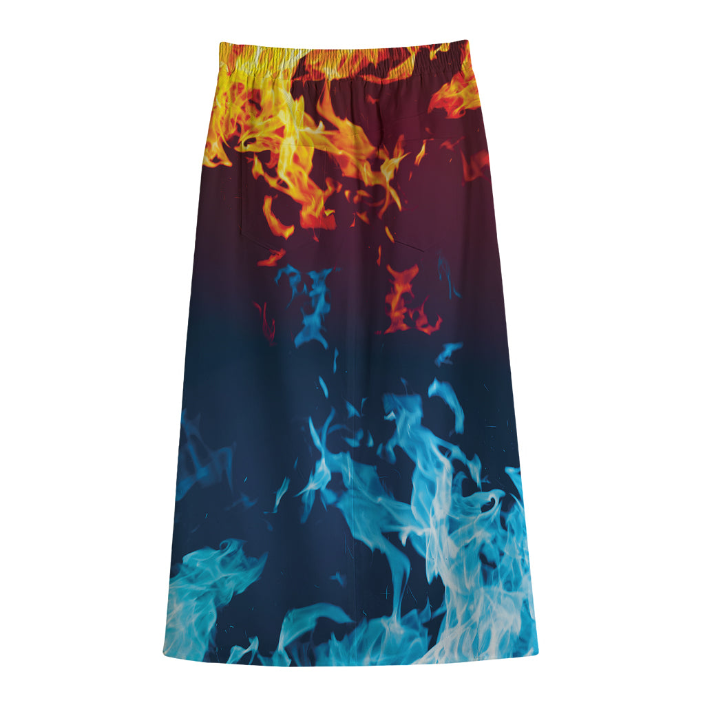 Red And Blue Fire Print Cotton Front Slit Maxi Skirt