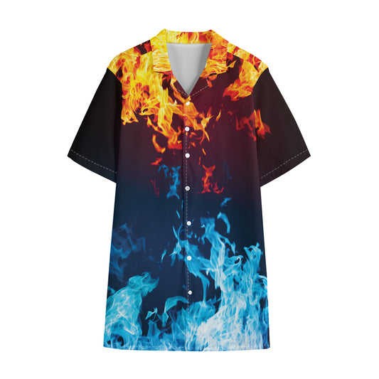 Red And Blue Fire Print Cotton Hawaiian Shirt