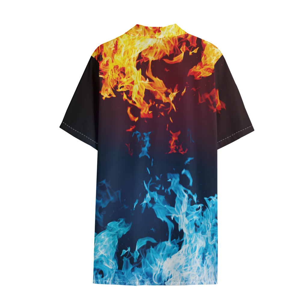 Red And Blue Fire Print Cotton Hawaiian Shirt