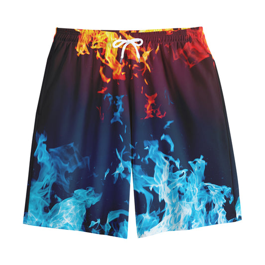 Red And Blue Fire Print Cotton Shorts
