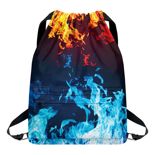 Red And Blue Fire Print Drawstring Backpack