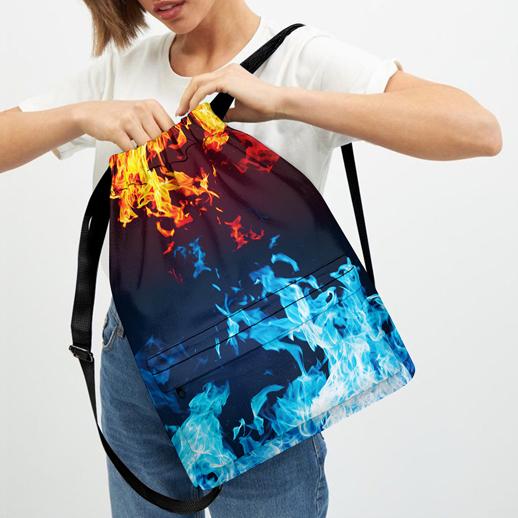 Red And Blue Fire Print Drawstring Backpack
