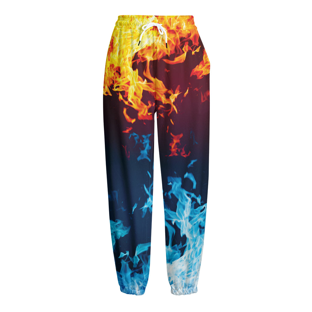 Red And Blue Fire Print Fleece Lined Knit Pants