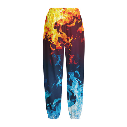 Red And Blue Fire Print Fleece Lined Knit Pants
