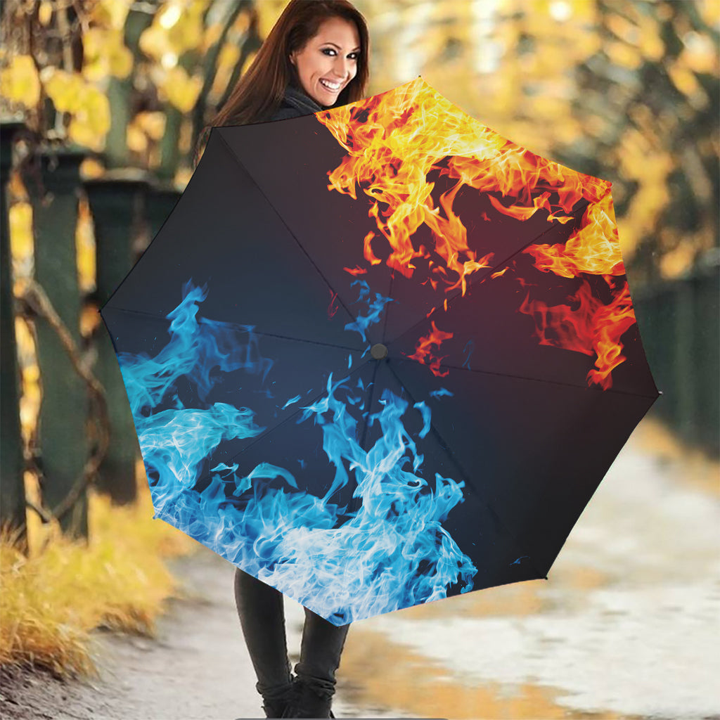 Red And Blue Fire Print Foldable Umbrella
