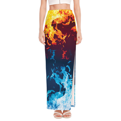 Red And Blue Fire Print High Slit Maxi Skirt