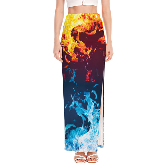 Red And Blue Fire Print High Slit Maxi Skirt