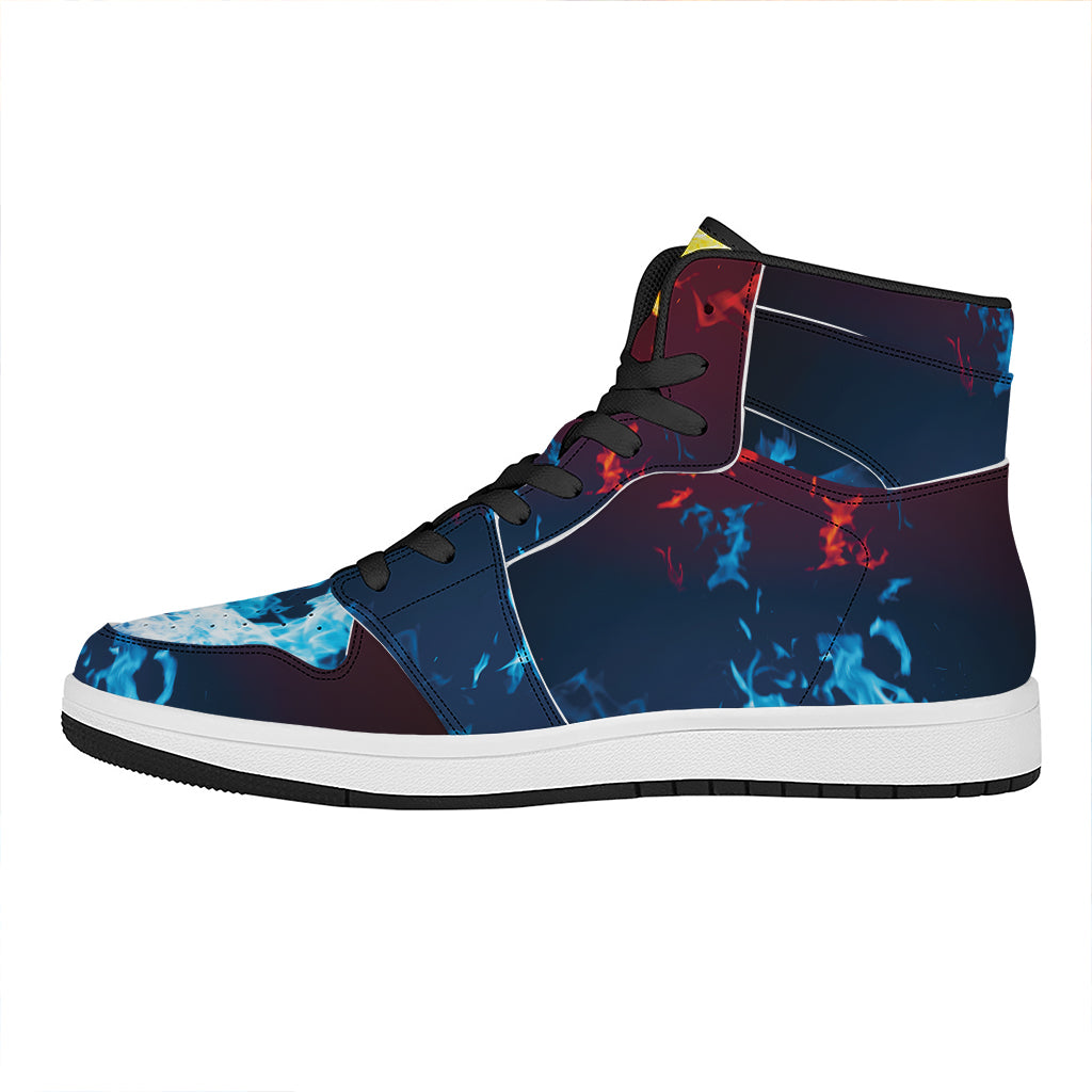 Red And Blue Fire Print High Top Leather Sneakers