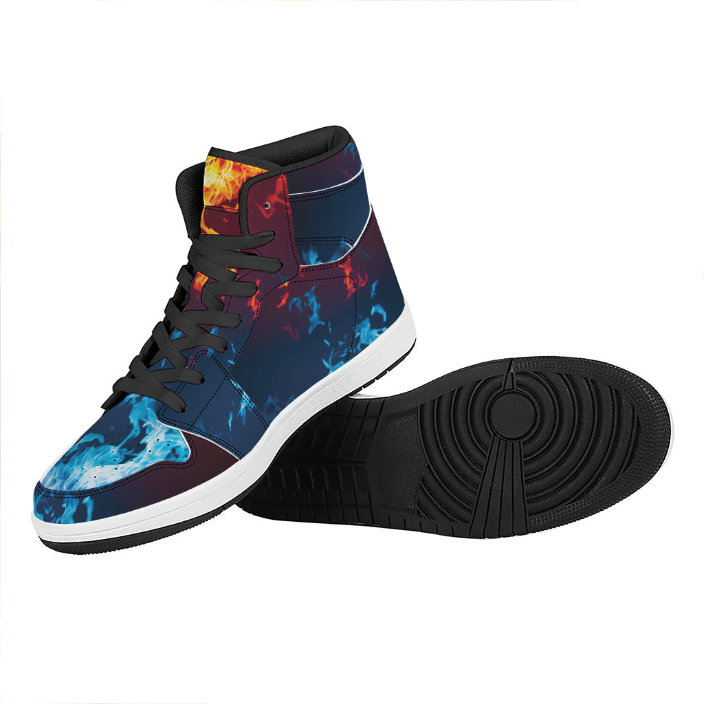 Red And Blue Fire Print High Top Leather Sneakers