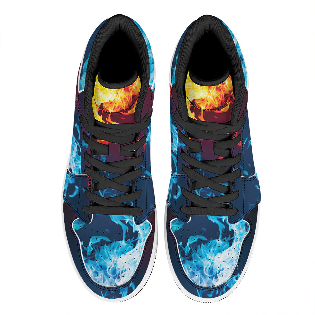 Red And Blue Fire Print High Top Leather Sneakers