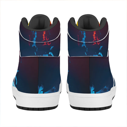 Red And Blue Fire Print High Top Leather Sneakers