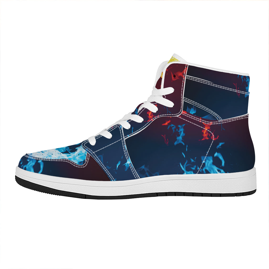 Red And Blue Fire Print High Top Leather Sneakers