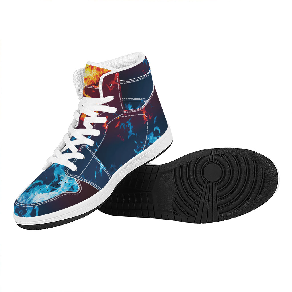 Red And Blue Fire Print High Top Leather Sneakers