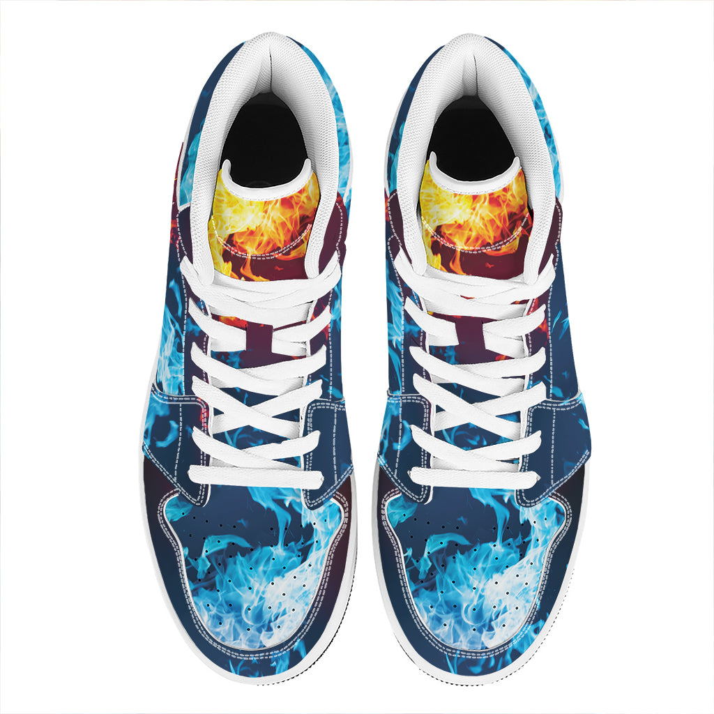 Red And Blue Fire Print High Top Leather Sneakers