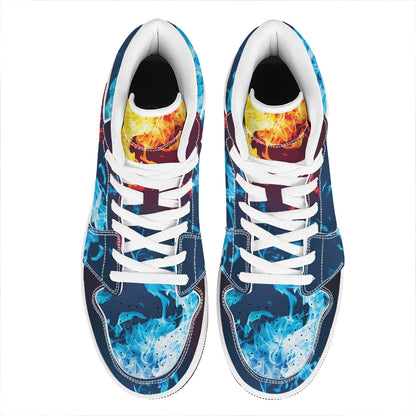 Red And Blue Fire Print High Top Leather Sneakers