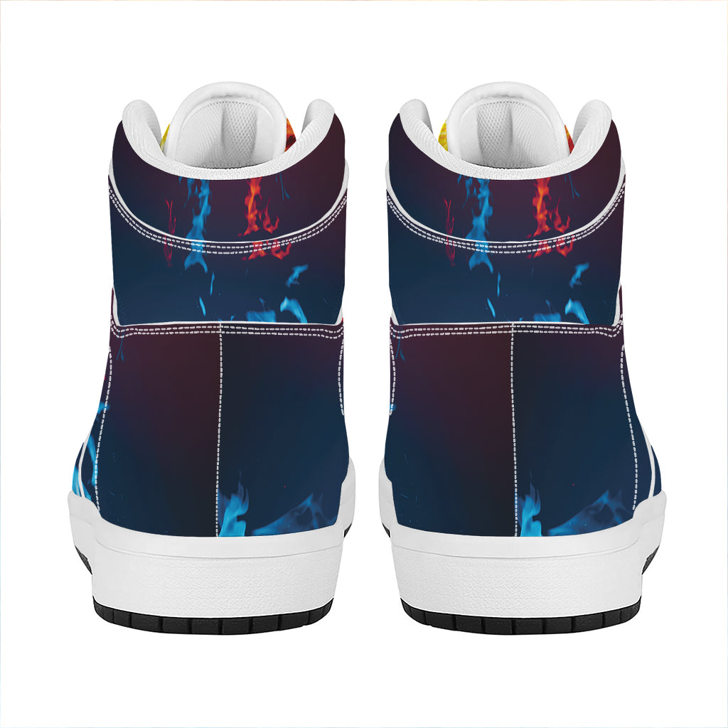 Red And Blue Fire Print High Top Leather Sneakers