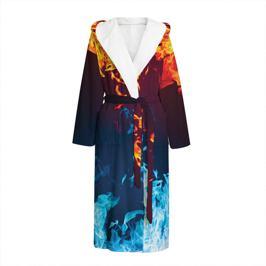 Red And Blue Fire Print Hooded Bathrobe