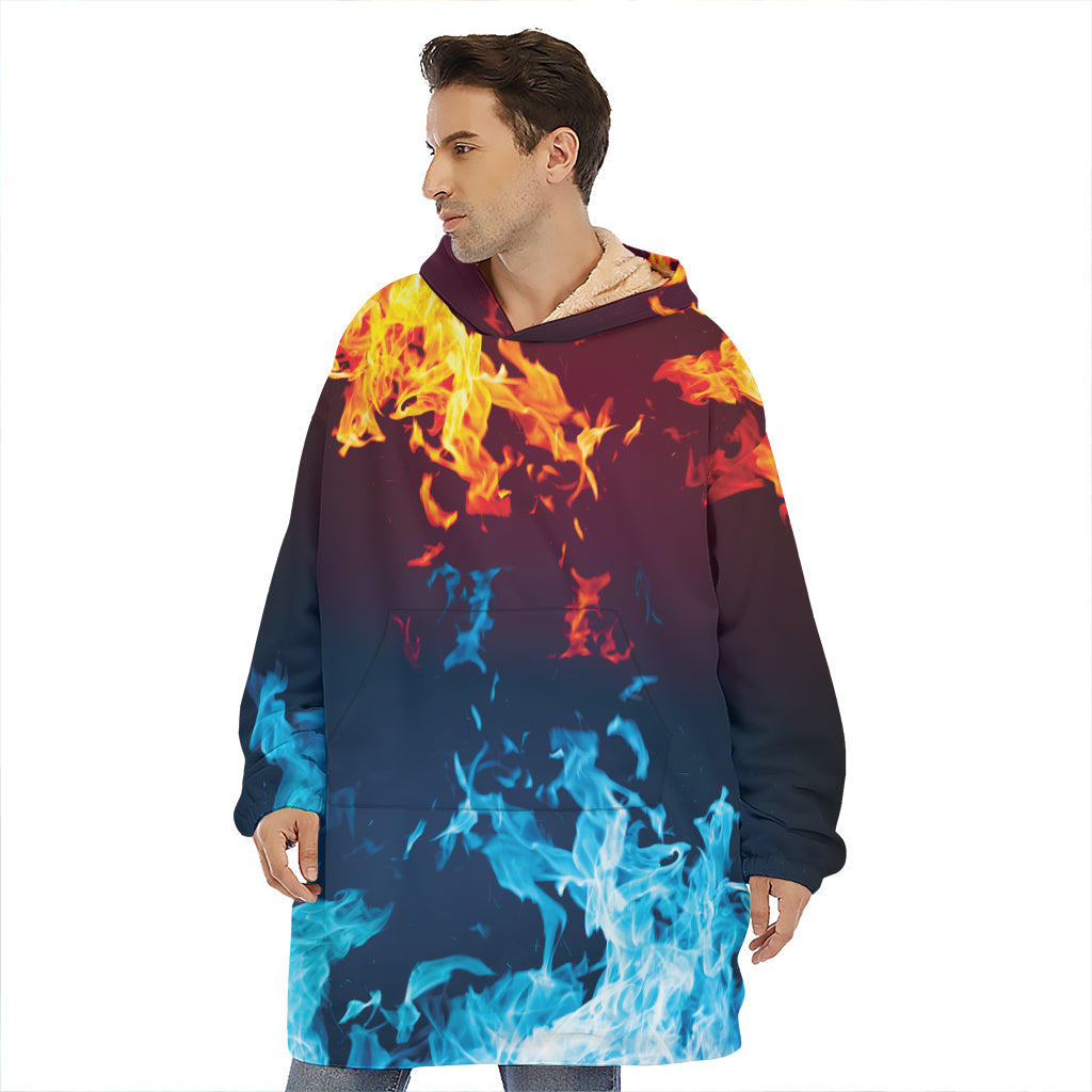 Red And Blue Fire Print Hoodie Blanket