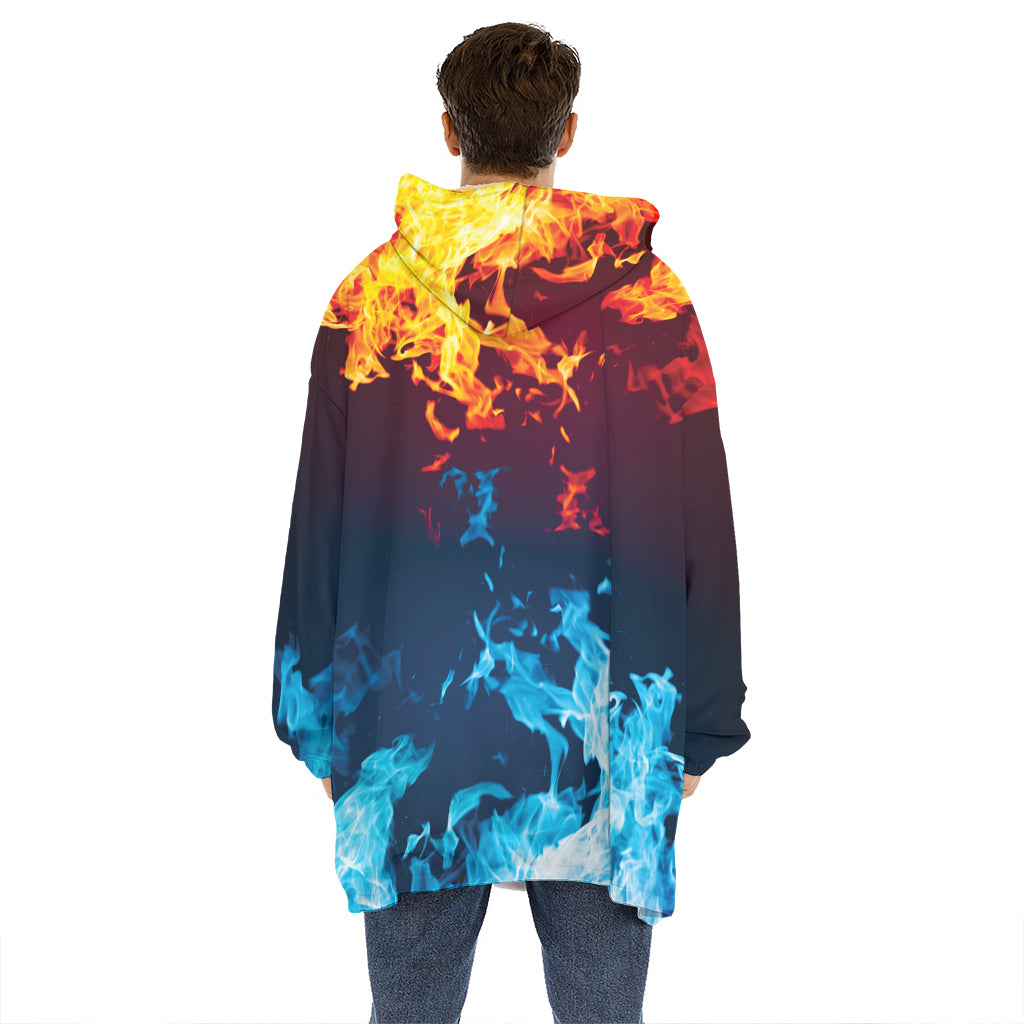 Red And Blue Fire Print Hoodie Blanket