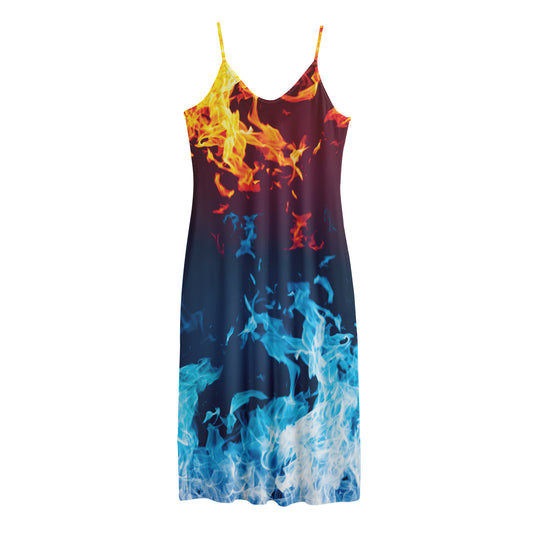 Red And Blue Fire Print Jersey Midi Cami Dress