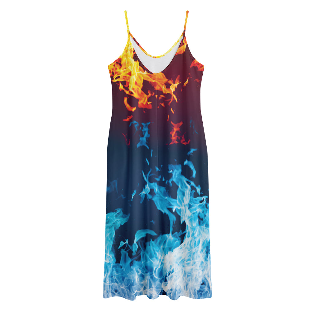 Red And Blue Fire Print Jersey Midi Cami Dress