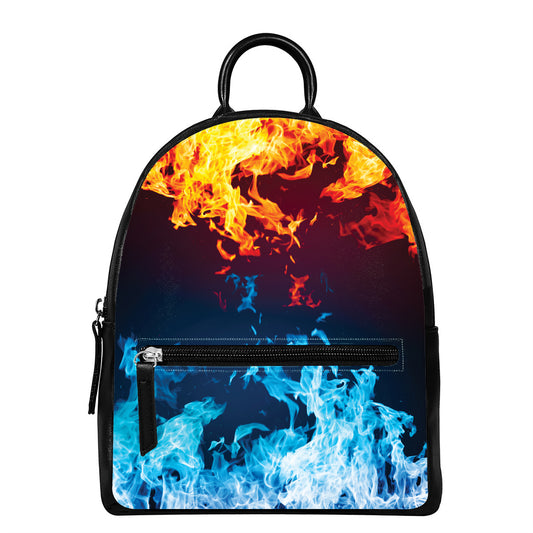 Red And Blue Fire Print Leather Backpack