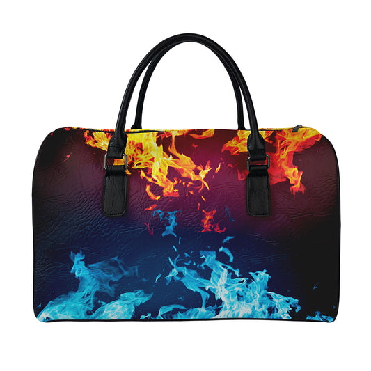 Red And Blue Fire Print Leather Duffle Bag