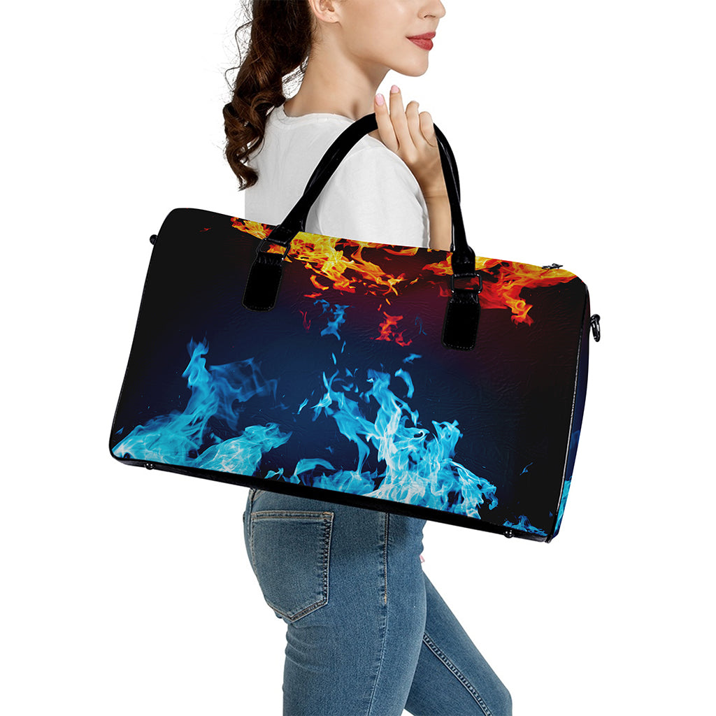 Red And Blue Fire Print Leather Duffle Bag