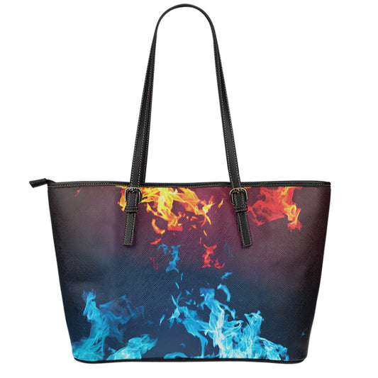 Red And Blue Fire Print Leather Tote Bag