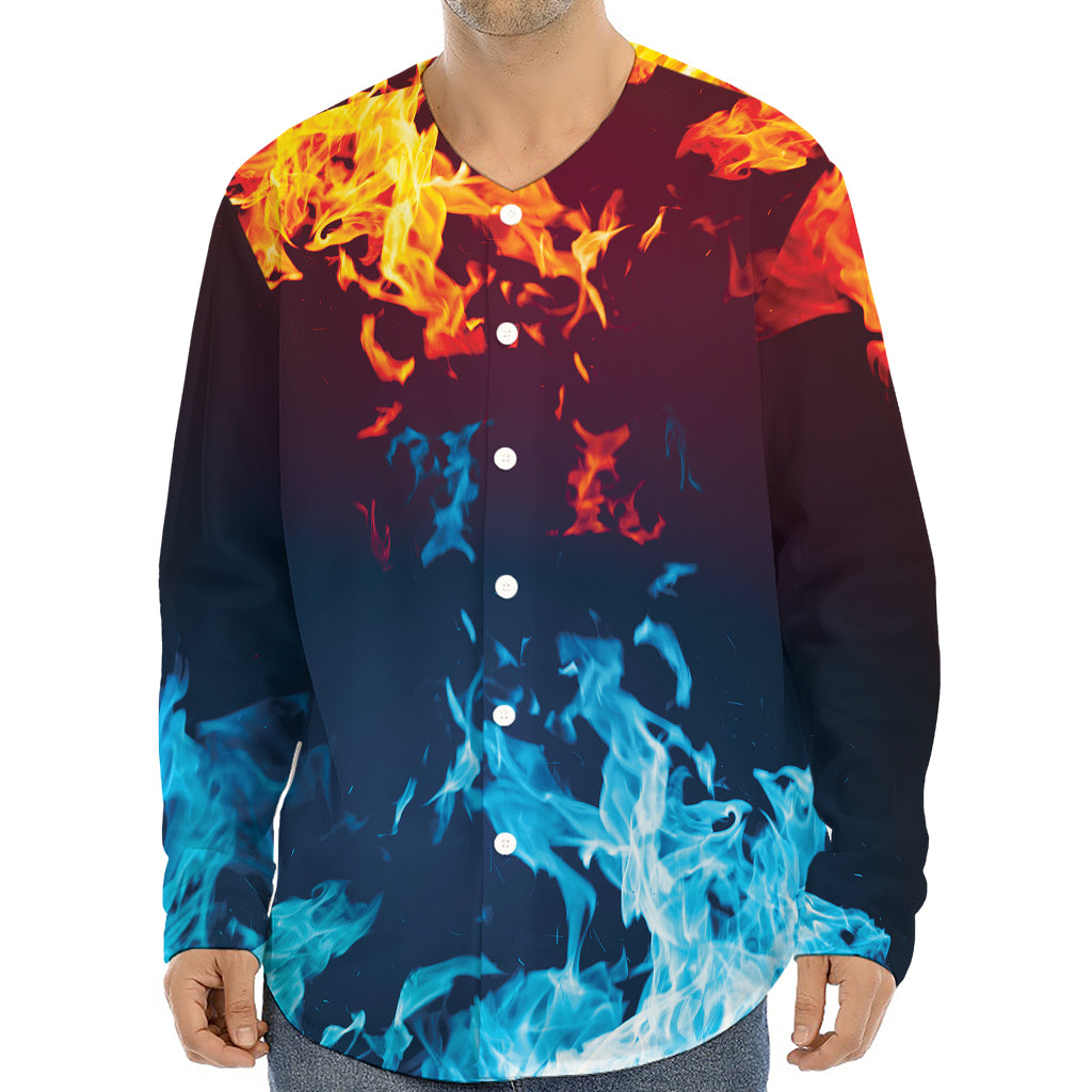 Red And Blue Fire Print Long Sleeve Baseball Jersey