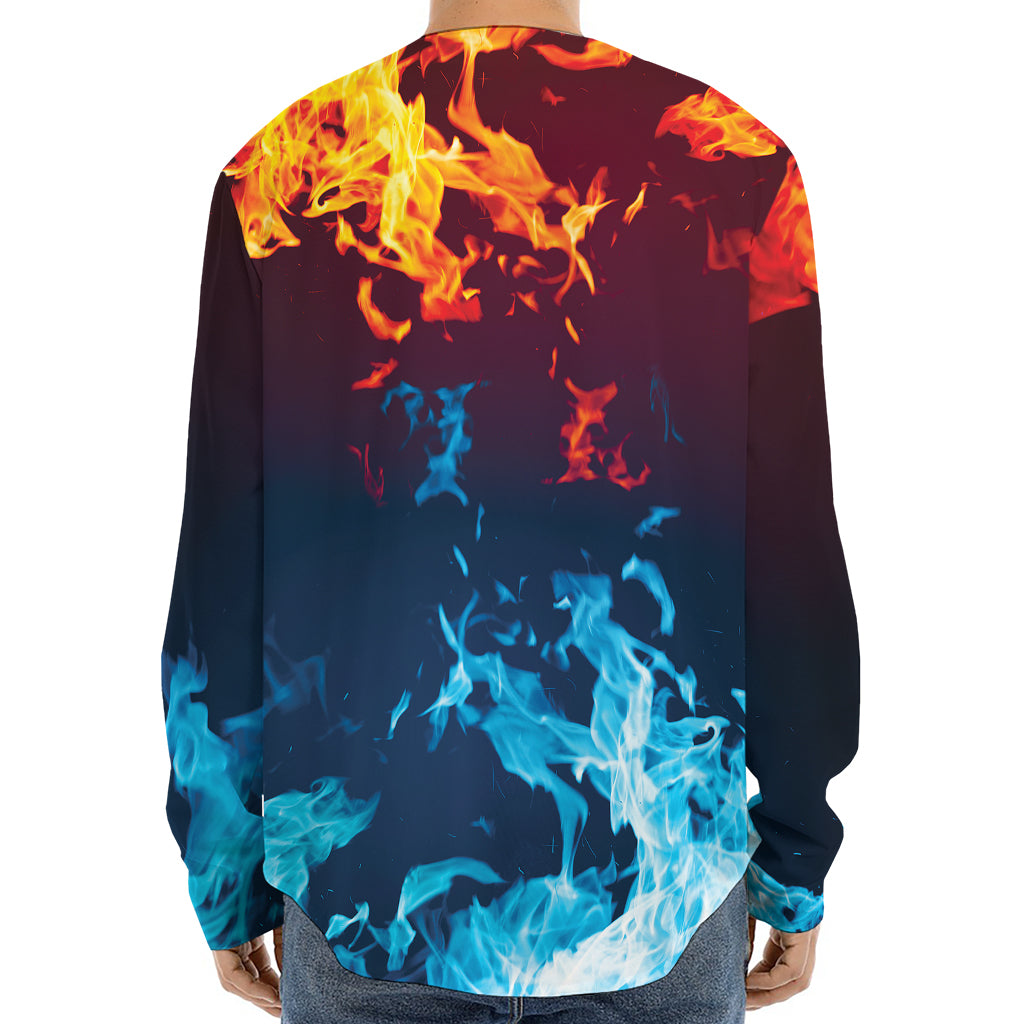 Red And Blue Fire Print Long Sleeve Baseball Jersey