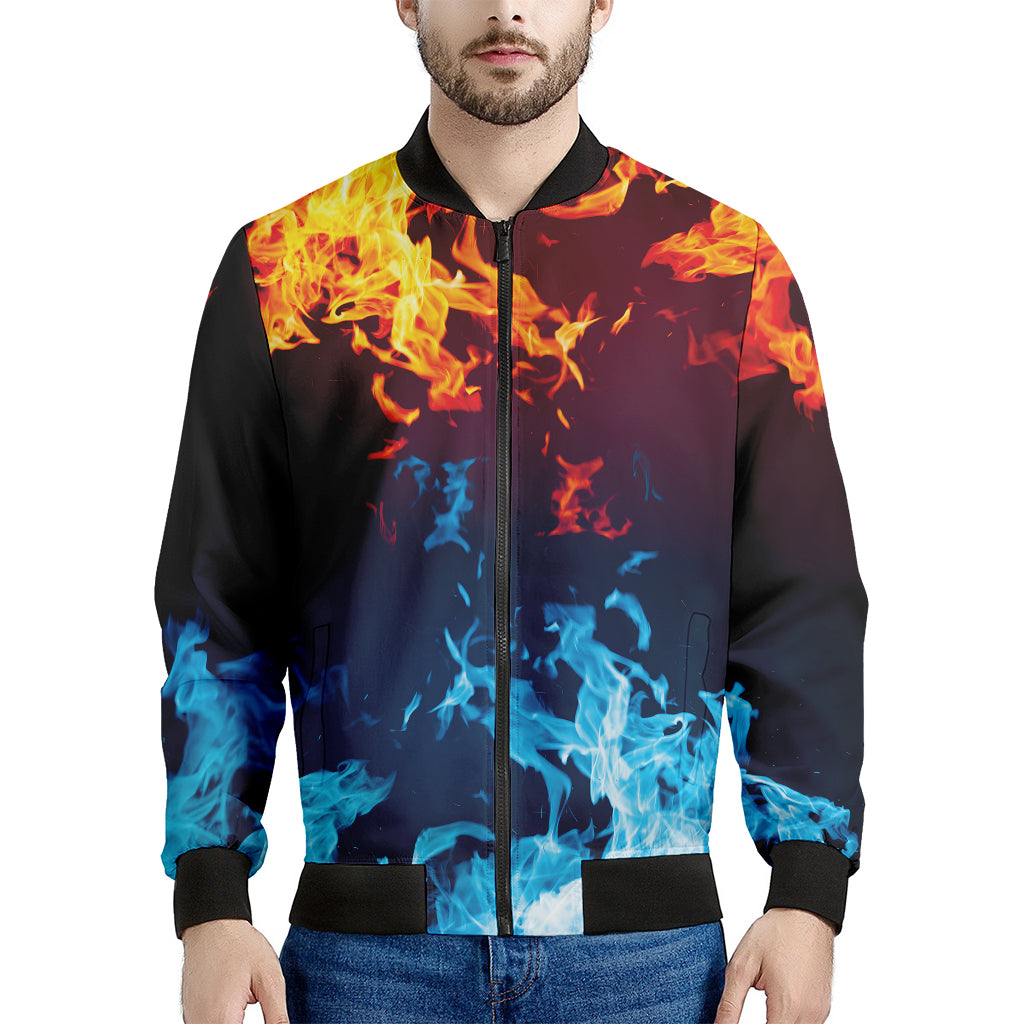 Red And Blue Fire Print Men's Bomber Jacket