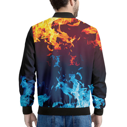 Red And Blue Fire Print Men's Bomber Jacket