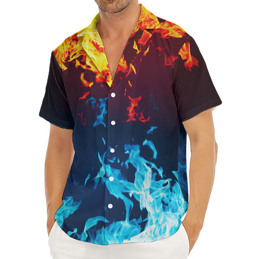 Red And Blue Fire Print Men's Deep V-Neck Shirt