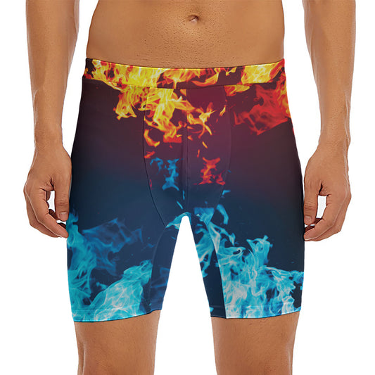 Red And Blue Fire Print Men's Long Boxer Briefs