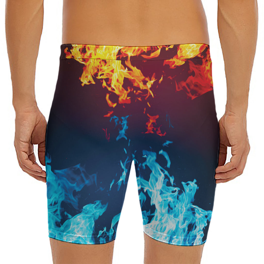 Red And Blue Fire Print Men's Long Boxer Briefs