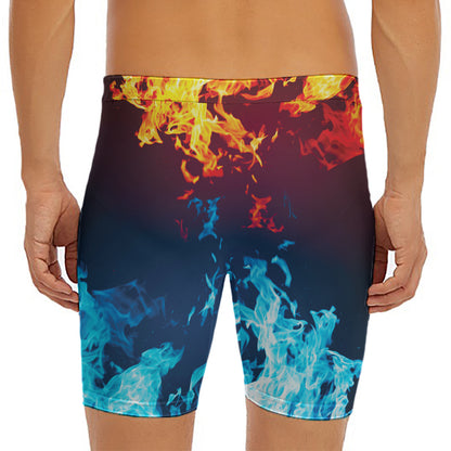 Red And Blue Fire Print Men's Long Boxer Briefs