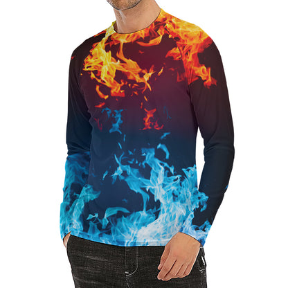 Red And Blue Fire Print Men's Long Sleeve Rash Guard