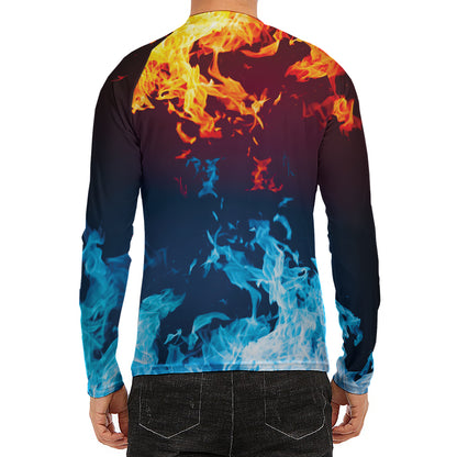 Red And Blue Fire Print Men's Long Sleeve Rash Guard