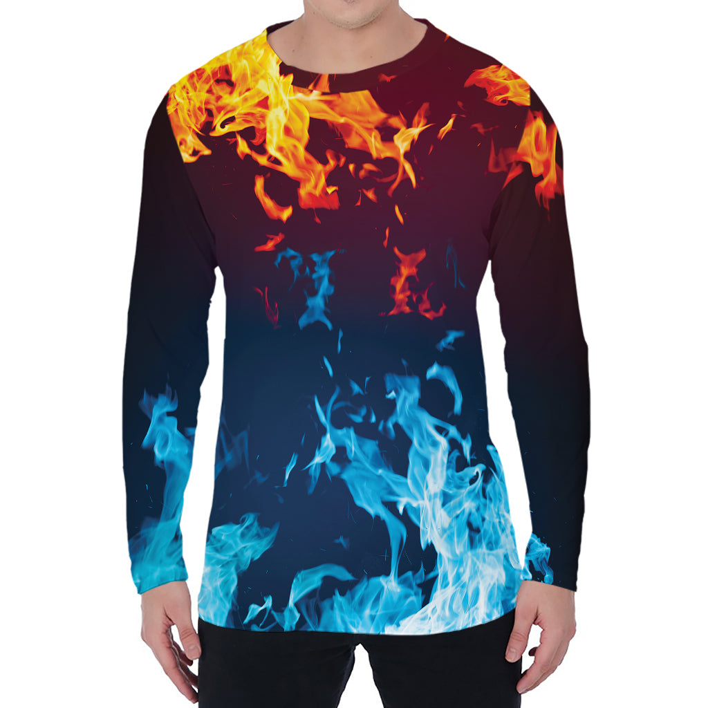 Red And Blue Fire Print Men's Long Sleeve T-Shirt
