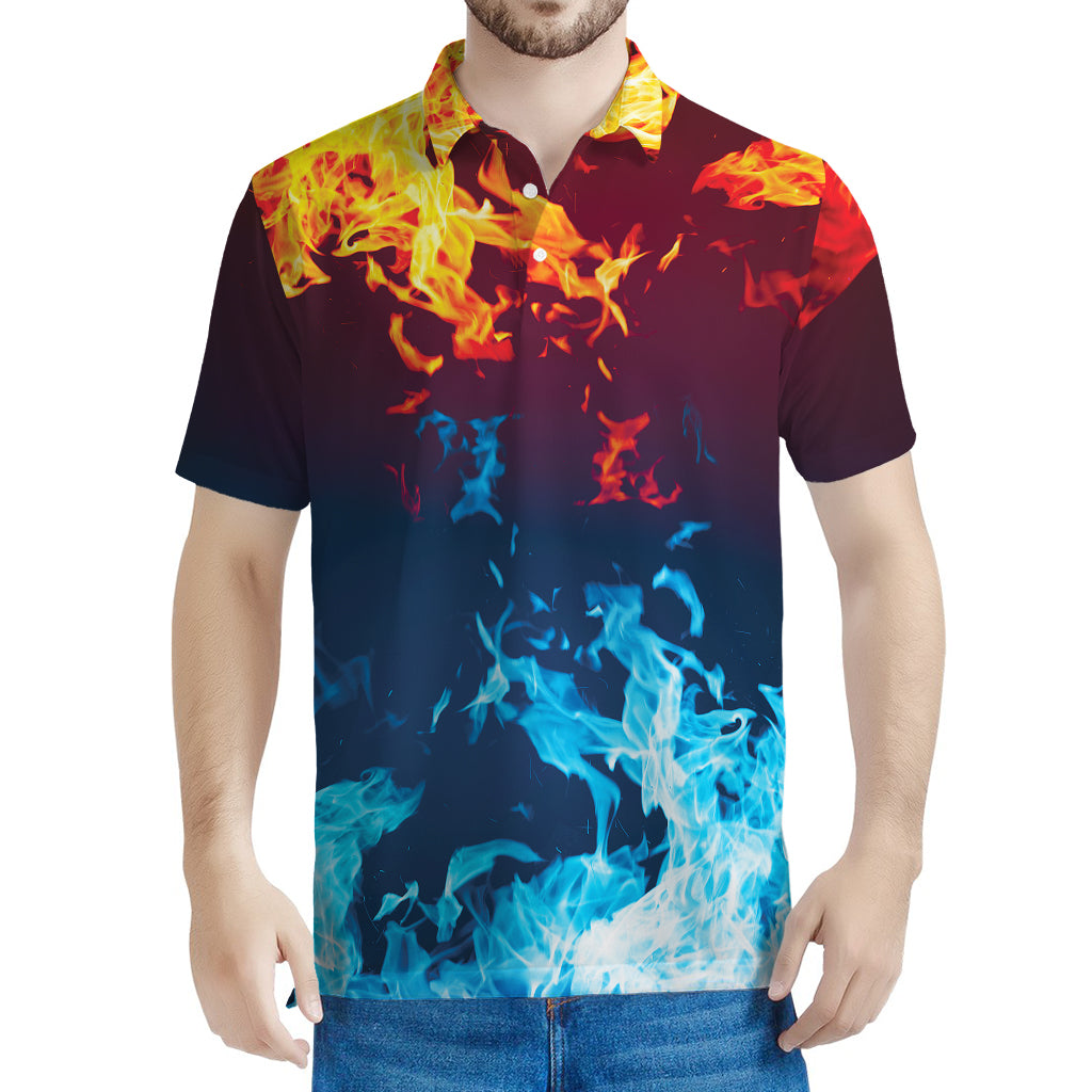Red And Blue Fire Print Men's Polo Shirt