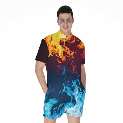 Red And Blue Fire Print Men's Rompers