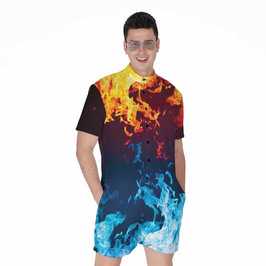 Red And Blue Fire Print Men's Rompers