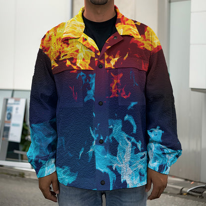 Red And Blue Fire Print Men's Shirt Jacket