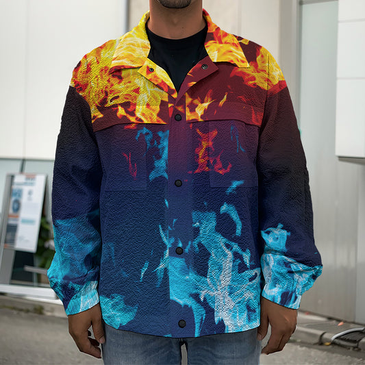 Red And Blue Fire Print Men's Shirt Jacket