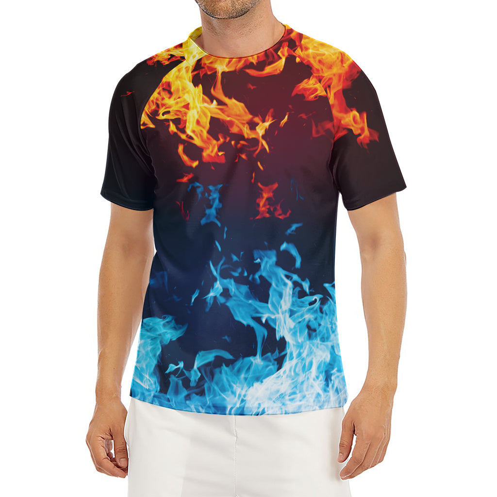 Red And Blue Fire Print Men's Short Sleeve Rash Guard
